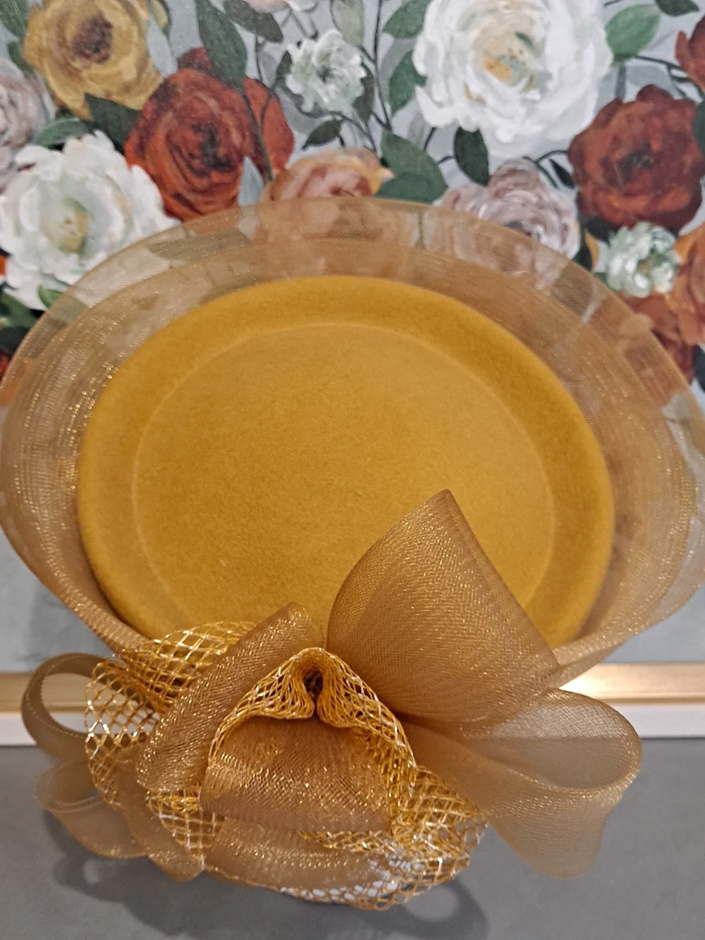 Deborah NY Vintage Wool Gold Fascinator Hat W/Bow Fishnet Mesh Derby High Tea